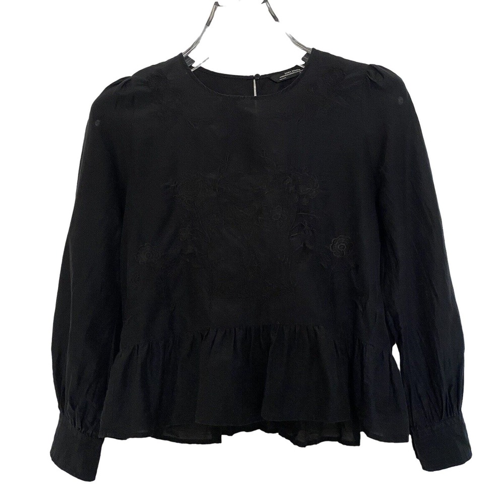 🌵 Zara Black Floral Embroidered Cropped Ruffled Hem Long-Sleeve Top/Blouse - XS